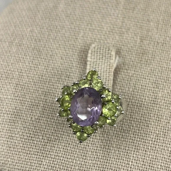 Vintage SETA Sterling Silver Amethyst & Peridot Cluster Ring Size 5 - Picture 5 of 16